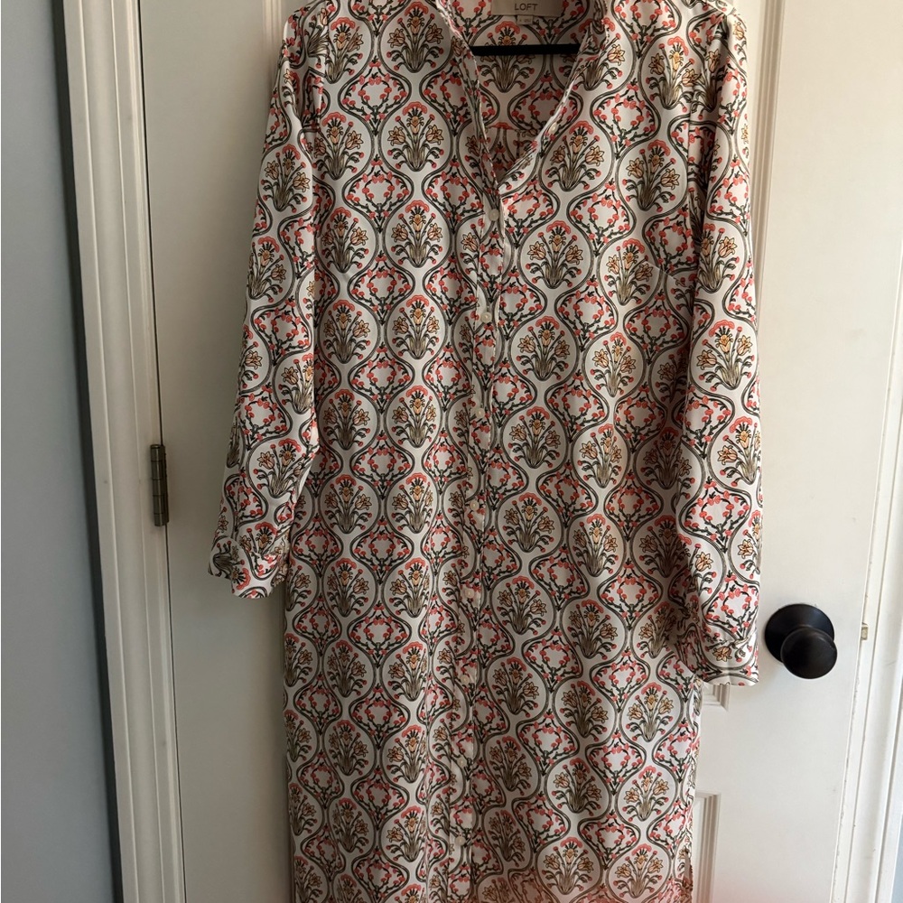 LOFT Cream Long Sleeve Shift Dress with Coral & Olive Print